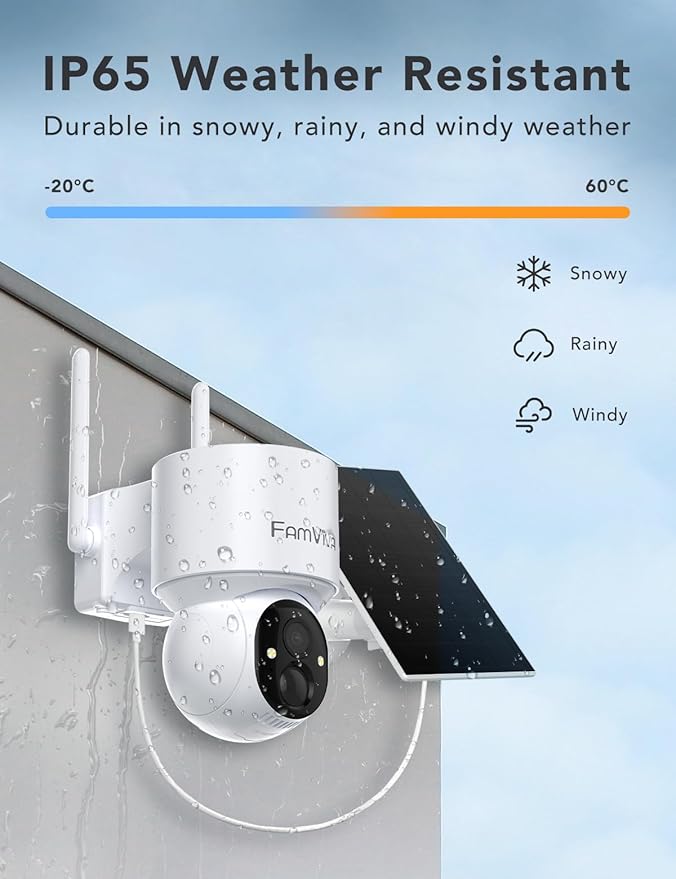 FAMVIVA 2K Solar Security Cameras Wireless Outdoor, 360°PTZ Battery Powered Cameras for Home Security, 2.4G WiFi Outdoor Camera with Color Night Vision, IP66 Waterproof, Motion Sensor Alarm, White