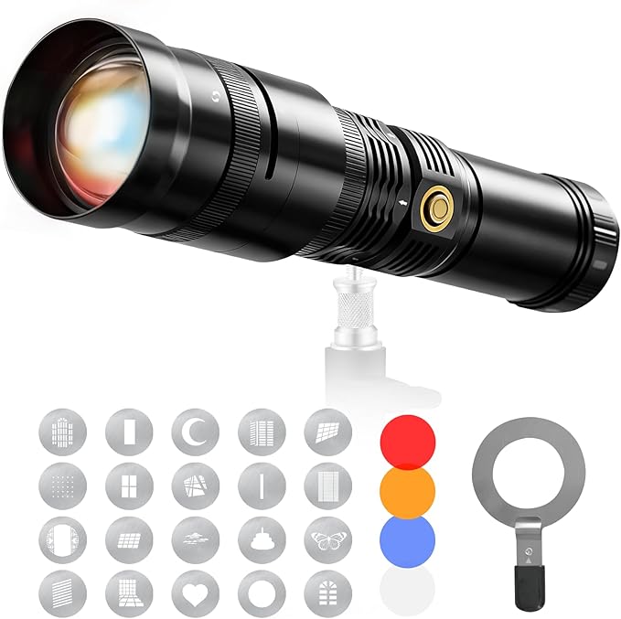 WELLMAKING 15W LED Photography Flashlight Optical Glass Lenses, 7800mAh Aluminum Alloy Patterned Ambient Light, with 20 Patterned Light Filters for Photo, Content Creation Video Recording Accessorie