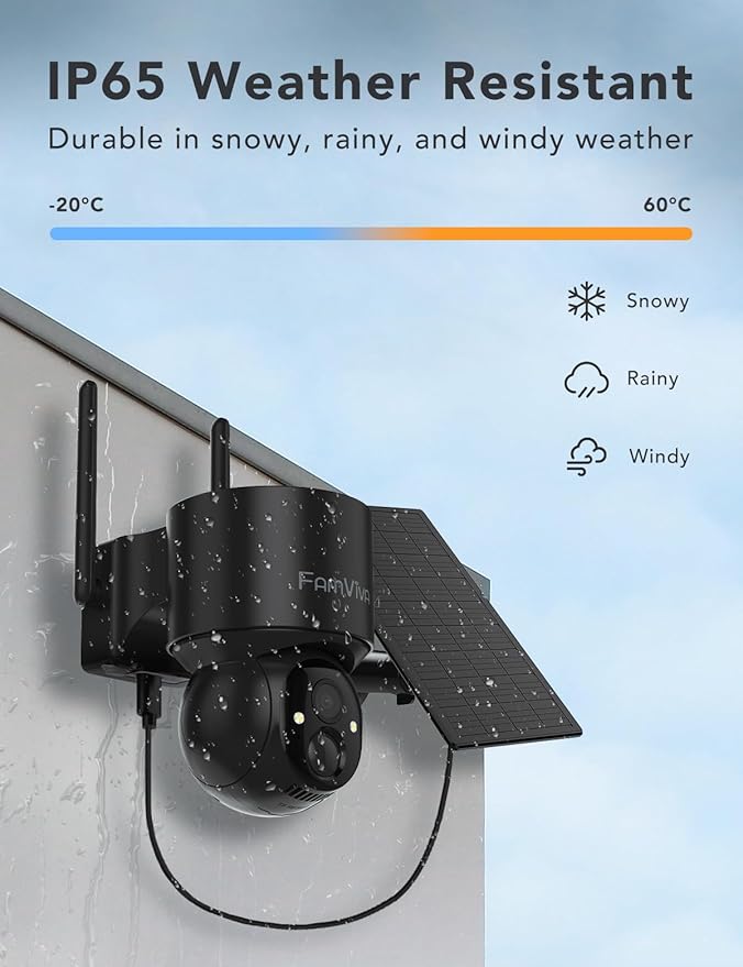 FAMVIVA 2K Solar Security Cameras Wireless Outdoor, 360°PTZ Battery Powered Cameras for Home Security, 2.4G WiFi Outdoor Camera with Color Night Vision, IP66 Waterproof, Motion Sensor Alarm, Black-4P