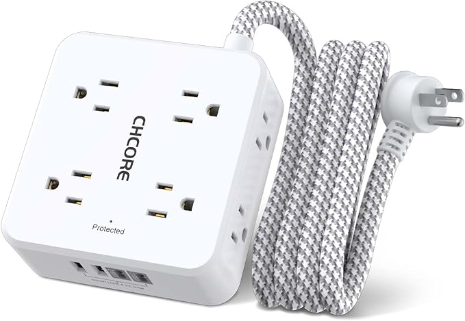 Surge Protector Power Strip - CHCORE 6Ft Braided Extension Cord with 8 Outlets with 4 USB (2 USB C) Charging Ports, Flat Plug Multi Plug Outlet Extender Charging Station for Home Office, ETL, White