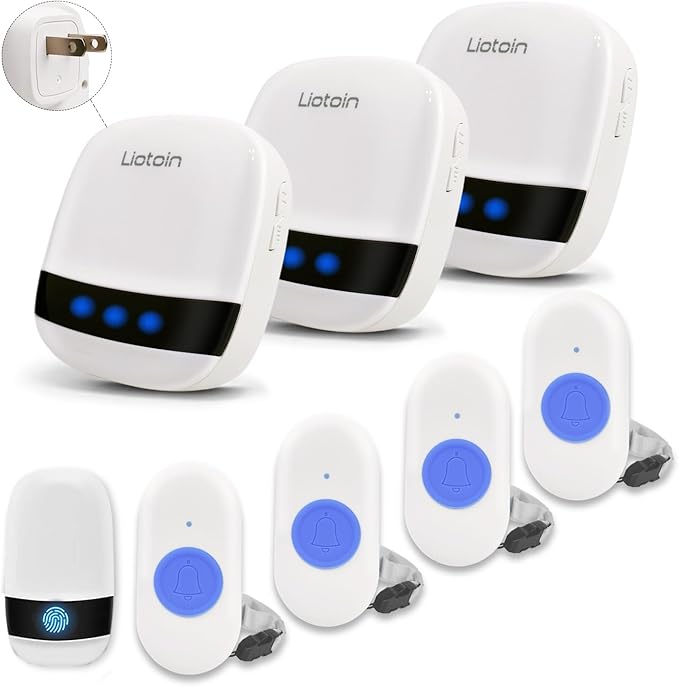 LIOTOIN Caregiver Pager Wireless Call Button Call Bell Call Light Alert Button for Home/Elderly/Patients/Disabled Nurse Alert System Emergency Button 3 Plugin Receivers 5 Waterproof Transmitters