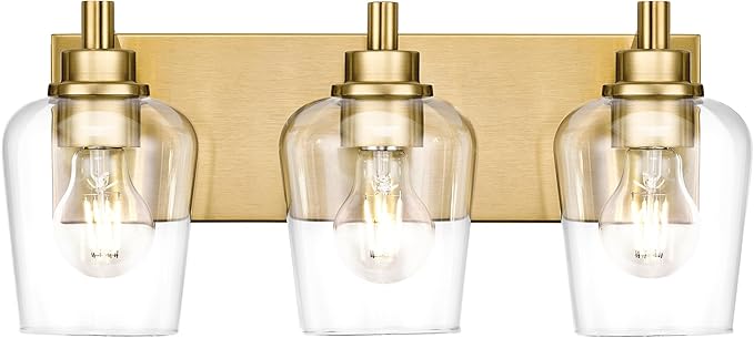 METWET Bathroom Light Fixtures, 3-Light Modern Vanity Light with Clear Glass Wine Glass-Shaped Shade, Vanity Lighting Fixtures Over Mirror, Brushed Gold, VL155-BG-3