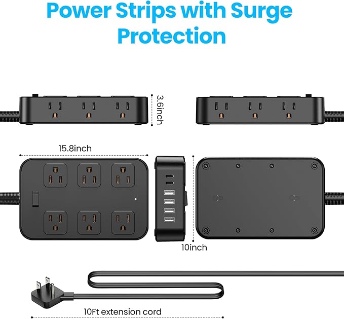 Solidock Flat Plug Power Strip Surge Protector with 12 AC Outlets 6 USB Ports 3 Side Multi Plug Outlet Extender 10 Ft Extension Cord for Home Office Kitchen Dorm Wall Desk Charging Station ETL Listed