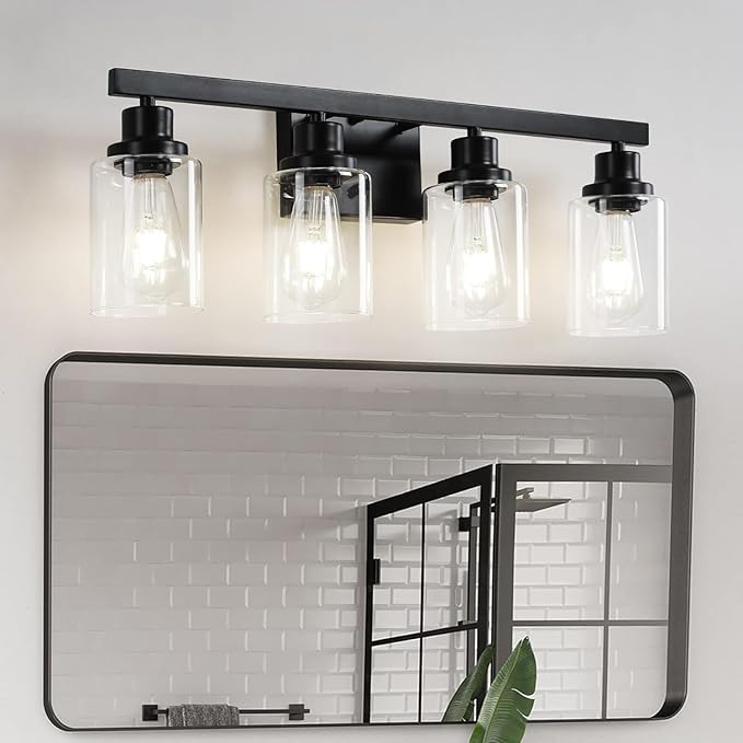DIKAIDA Bathroom Vanity Light, 4-Light Modern Matte Black Wall Sconce Lighting with Clear Glass Shade, Bathroom Lighting Fixtures Over Mirror,Vintage Wall Mounted Lamps for Mirror Bedroom,Living Room