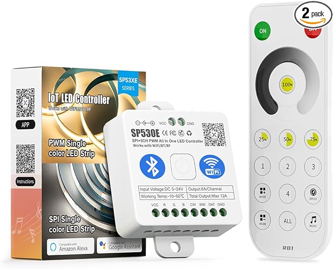 BTF-LIGHTING SP530E WiFi Alexa Bluetooth Controller 4 Zones 2.4GHz Dimming RF RB1 Remote Kit Support FCOB COB SMD PWM or SPI Single Color LED Strip WS2811 IC etc DC5V DC12V DC24V