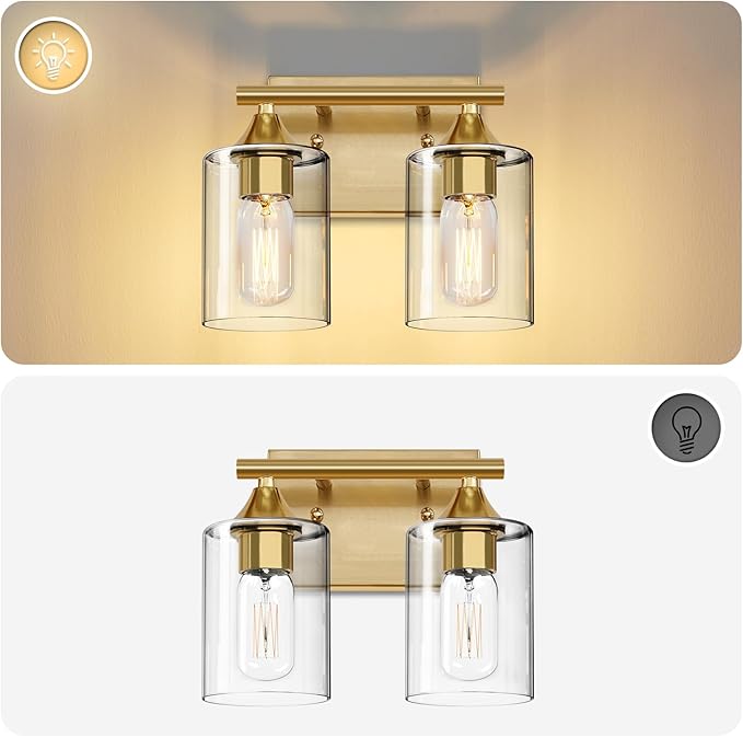 XPEHK Gold Vanity Lights for Bathroom,2-Light Bathroom Light Fixtures,Brushed Brass Gold Wall Sconce Lighting,Modern Wall Lamp for Mirror Bedroom Vanity Table Hallway
