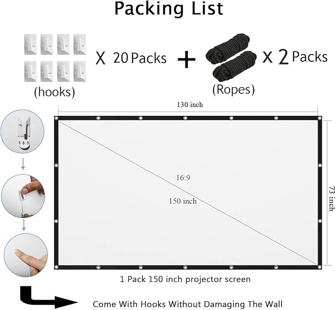 Mdbebbron 150 inch Projection Screen 16:9 Foldable Anti-Crease Portable Projector Movies Screen for Office Home Theater Indoor Outdoor Support Double Sided Projection