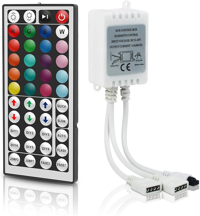 RGB LED Strip Light Remote Controller, 44 Key IR Remote with 2-in-1 4 Pin Connector, Dual Output Dimmer for 12V-24V DC 5050/3528 LED Tape Rope Lighting, 30ft Range