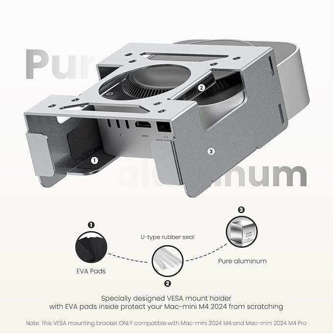 Fasgear Mac mini M4 Vesa Mount Pure Aluminum, Under Desk Mounting Bracket for Monitors with Anti-Theft Function, Metal Wall Mounted VESA Compatible with Mac mini M4 Pro 2024(Silver)