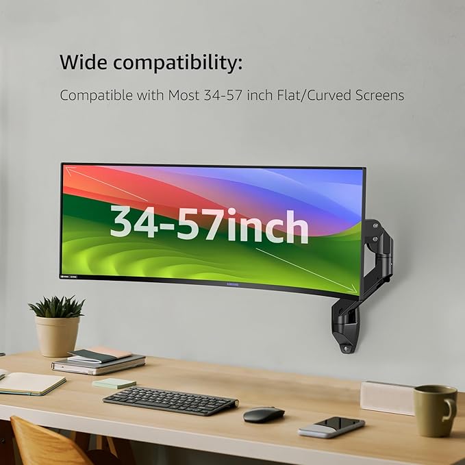 BEWISER Heavy Duty Monitor Arm Wall Mount for 34-57 Ultrawide Screen,Weight Capacity up to 44lbs,Ultrawide Monitor Arm Wall Mount,Black