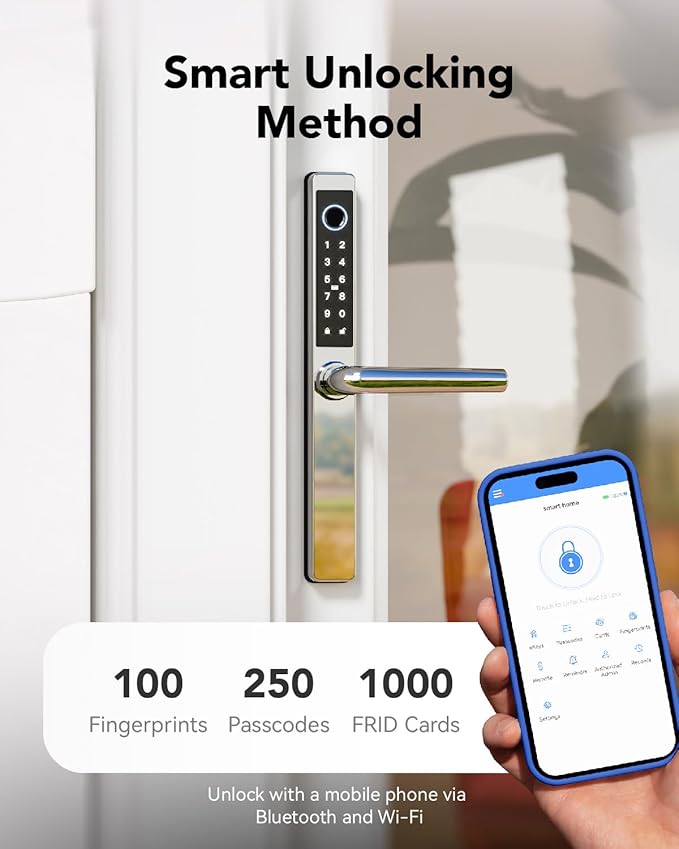 Electronic Smart Door Lock Fingerprint Door Lock with Keypad，Smart Lock for Front Door Children Proof IC Card,40–90mm Multipoint Locks (Not Suitable Patio Mortise Lock)(OSP Mirror Silver)