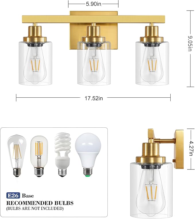 DIKAIDA 3 Light Gold Bathroom Light Fixtures, Bathroom Vanity Light Over Mirror, Gold Wall Sconce Vanity Lighting with Clear Glass Shade,Modern Farmhouse Bath Wall Lamp for Mirror Kitchen