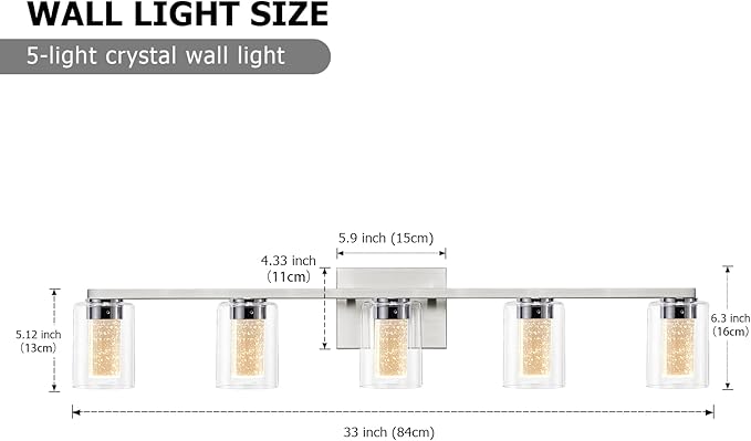 SADENICEL 5 Light Bathroom Light Fixtures, Brushed Nickel Vanity Lights Crystal Dimmable LED White/Neutral/Warm Bathroom Lights Over Mirror for Bathroom, Bedroom,Living Room (5 Light)