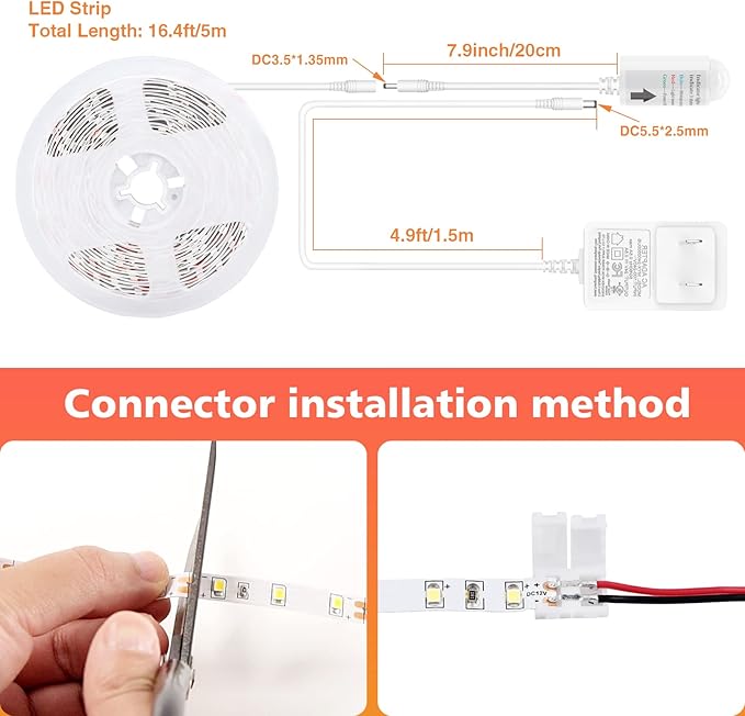 WOBANE White LED Strip Light, 16.4ft Motion Activated Light Strip with Remote and Adapter, Night Light, Dimmable, PIR Function, 300 LEDs Rope Light for Closet,Kitchen Cabinet,Room,Wardrobe,White