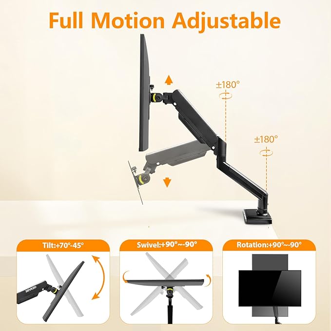 XEVKZO Single Monitor Arm - Gas Spring Monitor Stand for 13 to 34 Inch Screens, Adjustable VESA Mount with C-Clamp & Grommet Base, Full Motion (Tilt, Swivel, Rotation), Supports 4.4-22 lbs