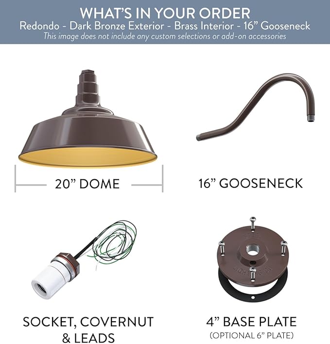 Steel Lighting Co. Large Outdoor Barn Light | Gooseneck Light Fixture | Made in America from 18-Gauge Steel | 20" Dome | 16" Gooseneck Dark Bronze Exterior/Brass Interior