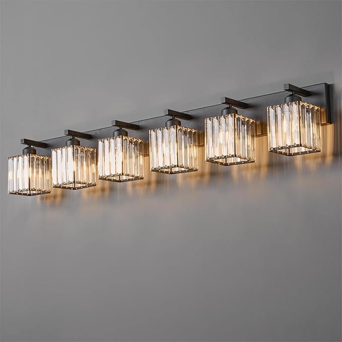 FDPBY Modern Black Crystal Bathroom Vanity Light - 6-Lights Wall Light Fixtures