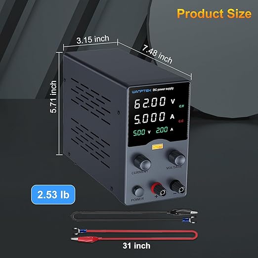 Wanptek DC Power Supply Variable 62V 5A, Bench Power Supplies with Encoder Adjustments Knob, USB Fast Charge Port with Output Current Display, 4-Digit LED Display