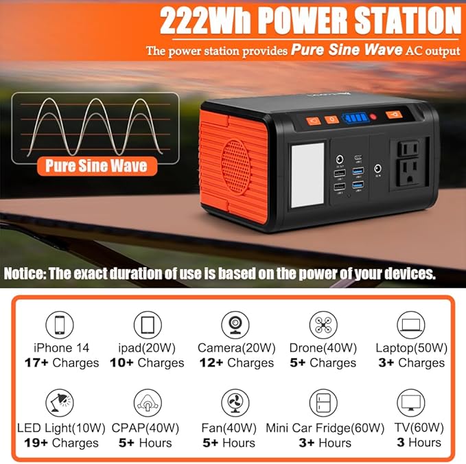 Takki Solar Generator 250W Portable Power Station with 40W Solar Panels 222Wh Pure Sine Wave Camping Lithium Battery Power Pack with AC 110V Outlet for Camping CPAP Home Use Emergency Outdoor