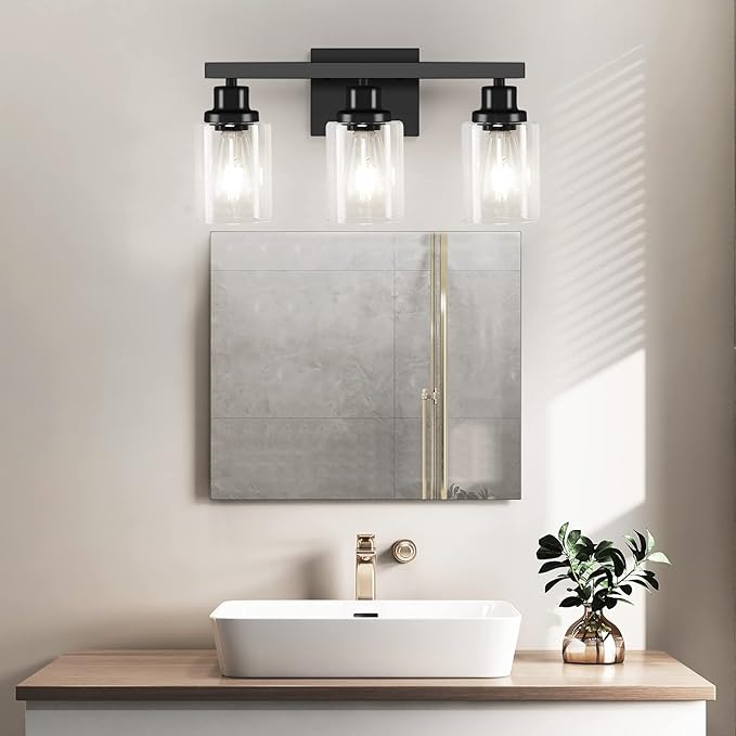 DIKAIDA 3-Light Bathroom Light Fixtures, Black Bathroom Vanity Light with Clear Glass Shade, Modern Bathroom Wall Lights Over Mirror, Farmhouse Wall Sconces Lighting for Bedroom LivingRoom