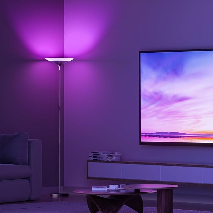 SIBRILLE RGB Torchiere Floor Lamp - 30W Dimmable LED Standing Lamp with Remote, Multi Color Changing, 72in Tall Corner Light, Bright Standing Pole Light for Office Living Room Bedroom Basement, Black