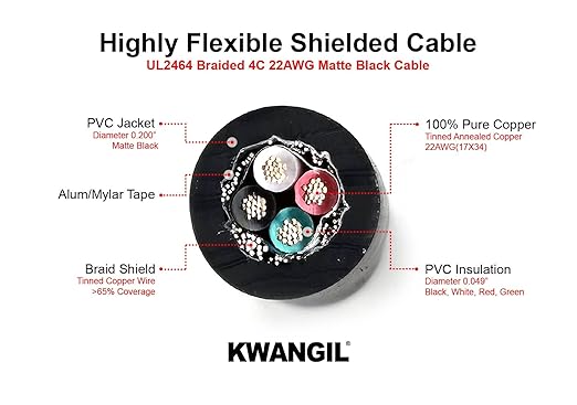 KWANGIL 4C 22AWG AMSB Shielded Cable Wire (UL2464) - Highly Flexible Str TC, PVC Ins, OS+TC BRD, PVC JKT for CNC Machine, Stepper Motor, VFD Spindle (Matte Black 50FT)