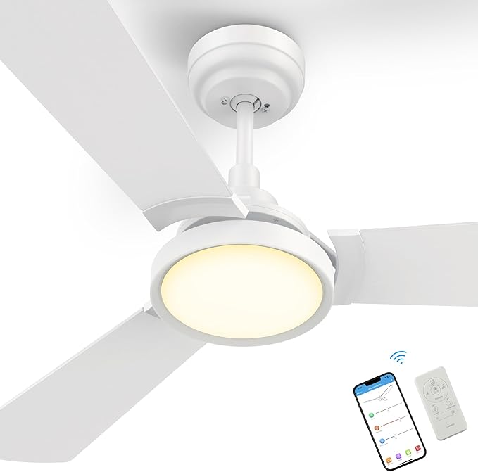 SMAAIR 52 Inch Smart Wifi Ceiling Fans with Dimmable LED Lights and Remote, Compatible with Alexa/Google Home/Siri/APP, Outdoor DC Fans with 10 Speeds, Timer/Schedule,White