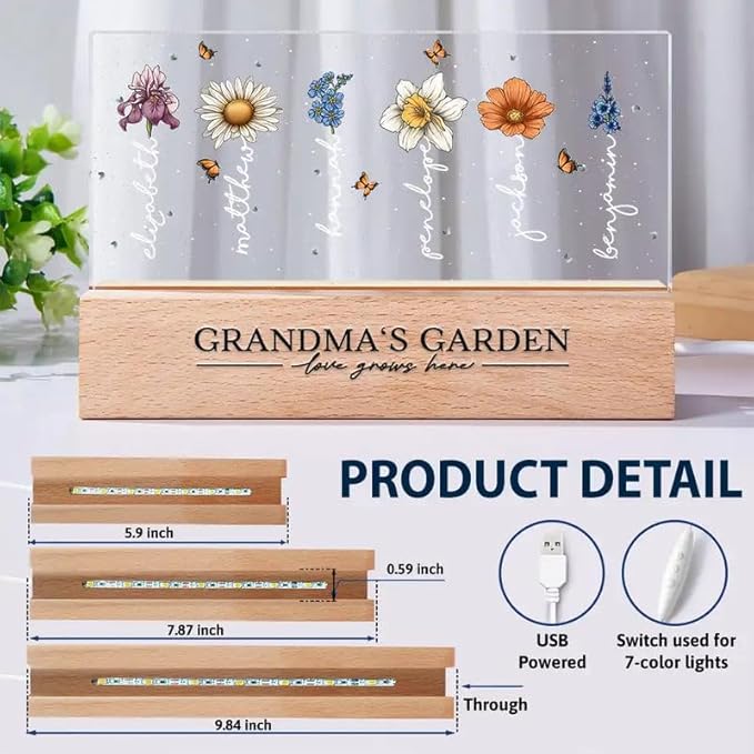 Peties.com Personalized Rectangle LED Light - Birthday Keepsake, Family Home Décor, Meaningful Gift for Grandma, Mother’s Day or Christmas Gift - Grandma's Garden Birth Month Flowers