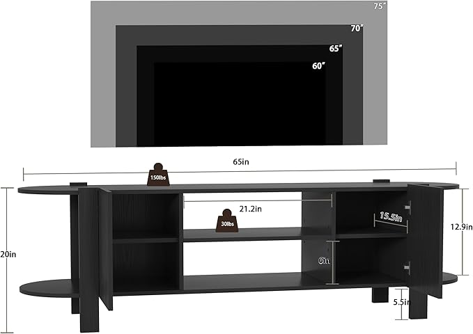 ZOSQUARE 65 Inch TV Stand for Up to 75 inch TVs, Fluted Entertainment Center with Adjustable Shelve, Curved Round Corner TV Console Table with Storage Cabinet for Living Room, Bed Room (Black)