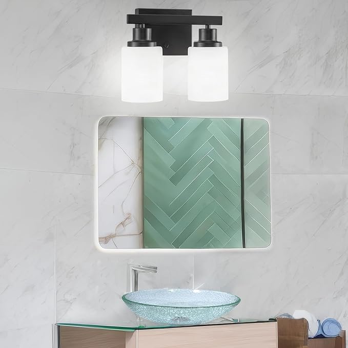 DIKAIDA Bathroom Light Fixtures Over Mirror, 2-Light Modern Matte Black Vanity Lights with White Frosted Glass Shade, Bathroom Wall Lamp Sconces for Mirror Bedroom, Living Room Hallway Small Space