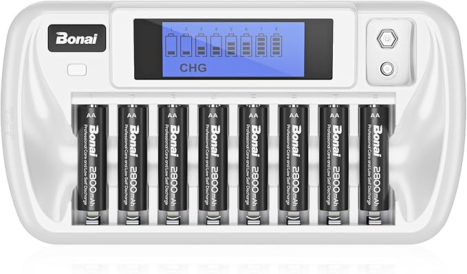 BONAI Rechargeable AA Batteries with Charger, 8+1 Bay Battery Charger with LCD Display for 1.2V NiMH AA AAA 9V, 2800mAh High Capacity Low Self Discharge- 8 Pack