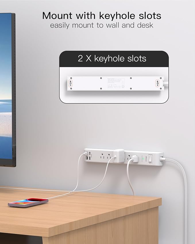 2 Pack Power Strip Surge Protector, Flat Plug Extension Cord with 4 USB Ports(2 USB-C) 6 AC Outlets, USB Charging Station, Wall Mountable for Home, Office, Dorm Essentials, 1080J, ETL Listed