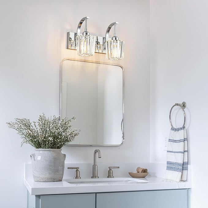 FDPBY Modern Bathroom Vanity Light, 2-Light Chrome Wall Sconce with Crystal Accents, Over Mirror Bathroom Lighting Fixture, 13.77" Long Dimmable Vanity Lamp for Makeup, Easy Installation