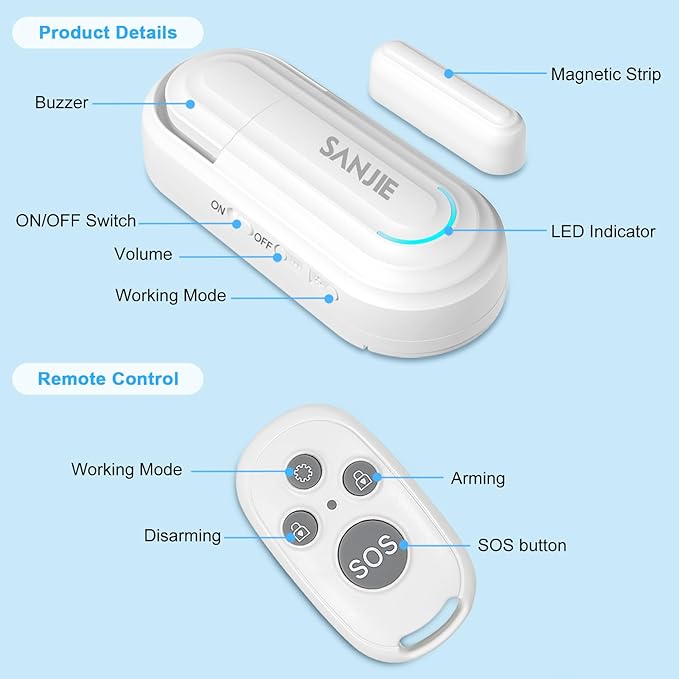Sanjie Pool Door Alarms for Kids Safety/Home Security/Dementia,4 Working Modes,Wireless Door Open Alarm,Window Alarms Sensors,0-120dB Volume Adjustable,2 Sensors 2 Remote Controls