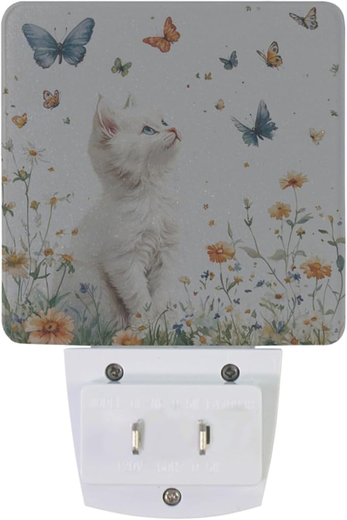 Pigsaly Led Night Light Butterfly Watercolor White Cat Night Light Plug in Wall Lamp Smart Dusk to Dawn Sensor Nightlight Led Lamp Energy Saving Lights Gift for Kids Room Bedroom Bathroom Hallway