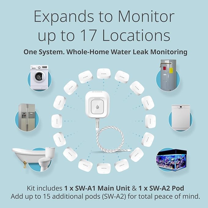 D-Link Next-Gen WiFi Water Leak Detector Starter Kit with 2 sensors—Loud 100 dB Sound Alarm—App Alert—LED Strobe Light—No Hub Required—Works with Google—1000ft Ultra-Long Range—Expandable (SW-A11KT)