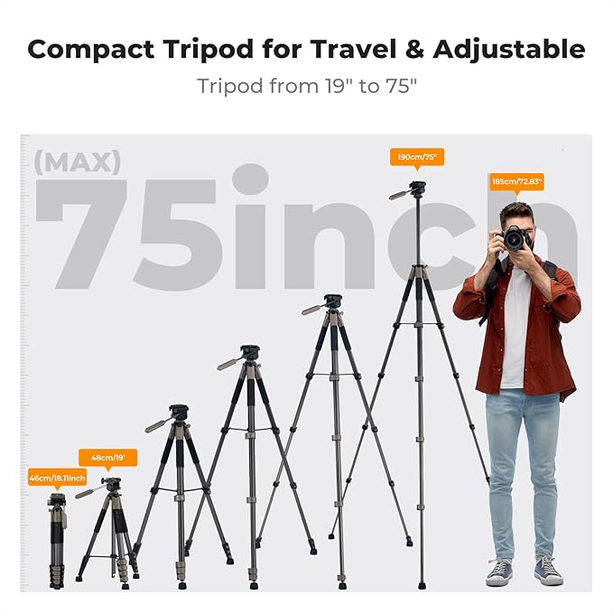 K&F CONCEPT Camera Tripod, 75" Lightweight Portable Travel Outdoor DSLR Tripods for Camera Phone Video Recording Tripod Stand, Cellphone Clip for Smartphone Live Streaming Vlog (Grey, 75'')