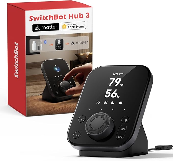 SwitchBot Hub 3 (3rd Gen), Smart Home Hub with 2.4" IPS Screen & Knob Control, WiFi Thermometer Hygrometer, IR Remote (Matter/Bluetooth 200m), Alexa/Google/Apple Home Compatible