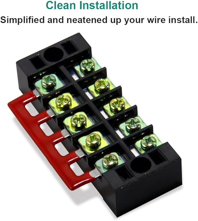 MILAPEAK Terminal Block and Strip - 10pcs (5 Sets) 5 Positions Dual Row 600V 25A Screw Terminal Blocks with Cover + 400V 25A 5 Positions Pre-Insulated Terminals Barrier Strips (Black & Red)