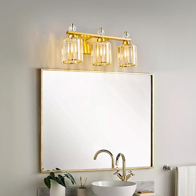 FDPBY Bathroom Vanity Lights 3-Light Gold Modern Crystal Vanity Light Fixtures Over Mirror Crystal Bathroom Vanity Lighting Fixtures