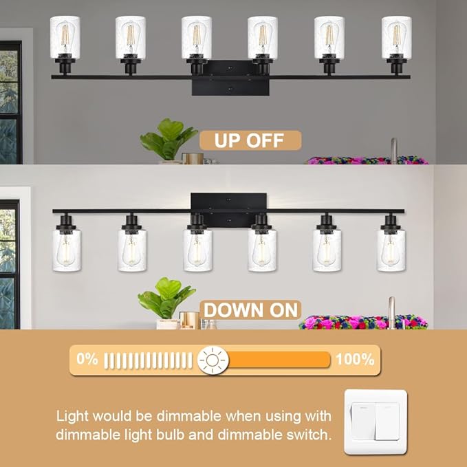 WINSHEN 6-Light Seeded Glass Vanity Light Fixtures in Matte Black Finish, 45.3 Inches Length Modern Bathroom Wall Lighting Over Mirror Wall Mount Lights