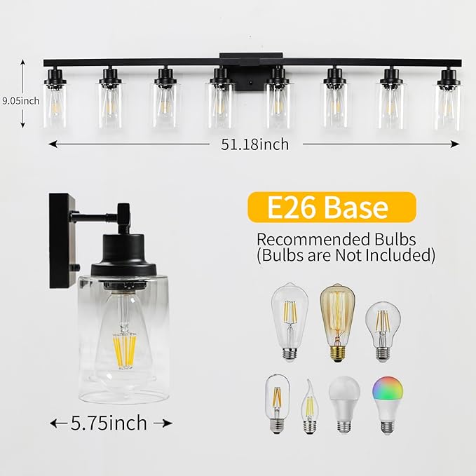 DIKAIDA 8 Light Bathroom Vanity Lights Over Mirror, 52inch Black Vanity Lights Fixtures Matte Black Modern Vanity Lights Black Bathroom Wall Lighting for Mirror Bedroom,Living Room