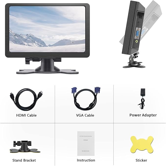 HMTECH 10.1 Inch HDMI Monitor 1280X800 Portable HD VGA Monitor LCD IPS Screen w/Dual-Speaker for Raspberry pi/PC/Laptop/TV/Camera/Gaming