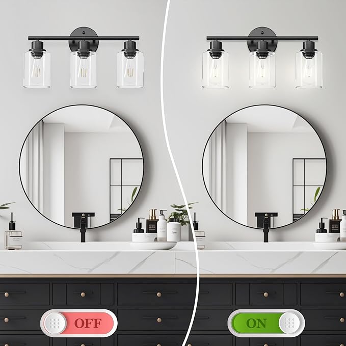 Guliaofo 3-Light Black Vanity Lights, E26 Modern Bathroom Light Fixtures with Clear Glass Shade, Wall Lamps for Mirror Kitchen Hallway Cabinet Living Room Sconces Lights