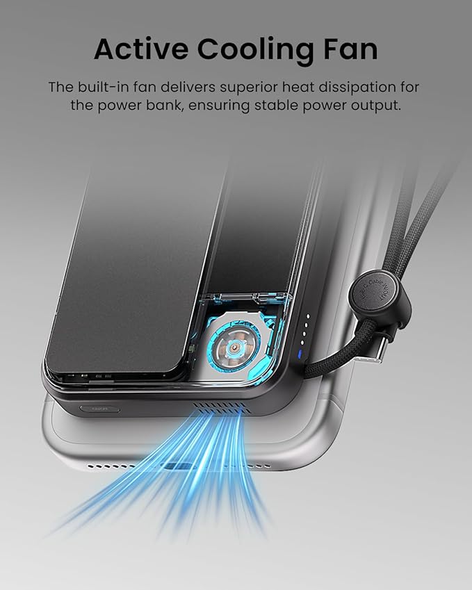 sharge ICEMAG 3 MagSafe Portable Charger, Qi2 25W Magnetic Power Bank 10000mAh with 35W Built-in Cable, Active Cooling& Foldable Stand, Transparent Design for iPhone 17/16 Series-White