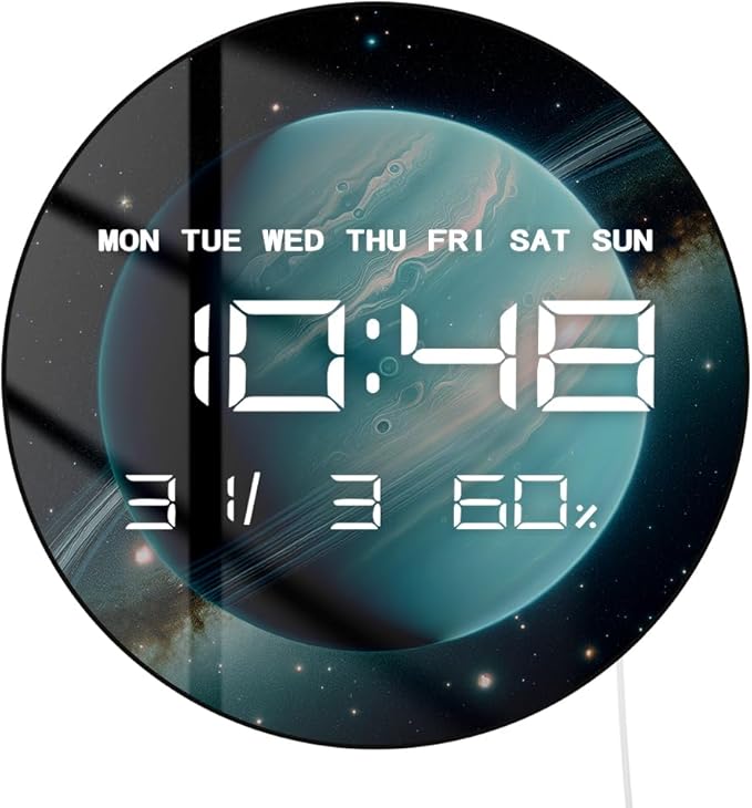 Timethink 12'' Planet Uranus Digital Wall Clock Large Display, Space Solar System Smart Wall Clock Electric Clock with Temperature, Date, 12/24hrs, Automatic Dimming, Plug in LED for Living Room