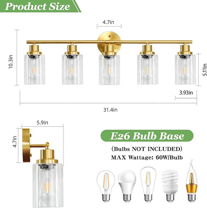 Guliaofo 5-Light Bathroom Vanity Lights, E26 Modern Brushed Gold Bathroom Light Fixtures with Clear Glass Shade, Mirror Kitchen Hallway Cabinet Living Room Sconces Wall Lights