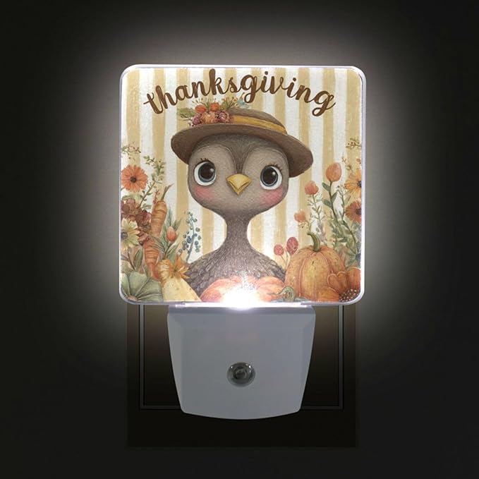 Pigsaly Led Night Light Thanksgiving Cute Turkey Autumn Pumpkins Carrots Wildflowers Night Light Plug in Wall Lamp Smart Dusk to Dawn Sensor Nightlight Led Lamp Energy Saving Lights Gift for Kids Ro