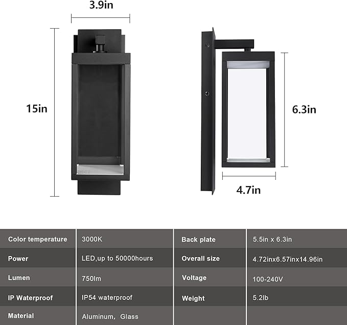 Modern Outdoor Light Fixtures Dusk to Dawn Outdoor Lighting,15" Exterior Wall Sconce, Porch Light, Black Garage Lights Wall Lamp, Waterproof Outdoor Lights for House, Garden, Front Door