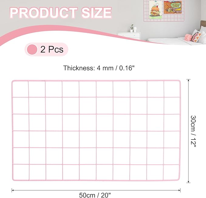 PATIKIL 12"x20" Wire Grid Panel, 2 Pack Board Photo Pictures Memo Display Grid Panels Hanging Organizer Wall Decorative Panel for Home Office Wedding, Pink